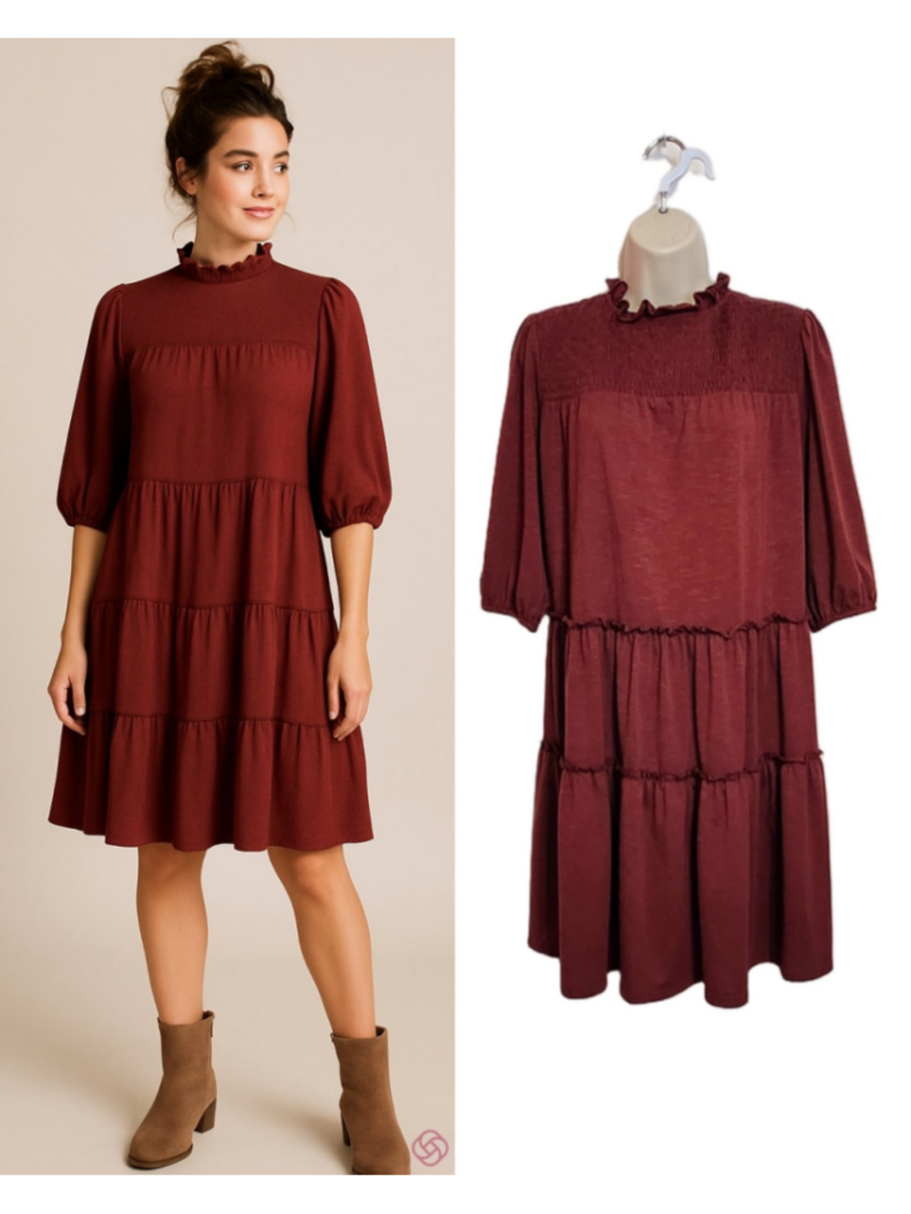 Emma & Michele Smocked Tiered Boho A-Line Burgundy Shift Mini Dress Large